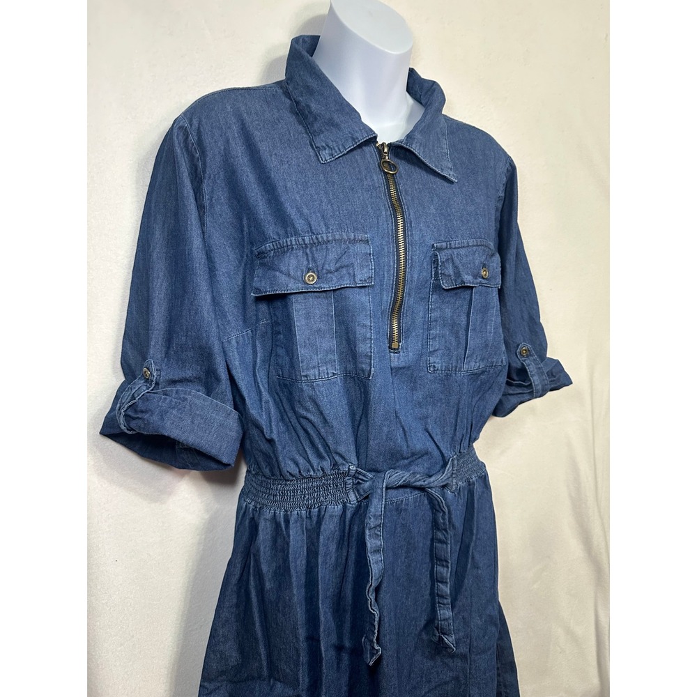 Millenium Blue Denim Shirt Dress XL Half Zip Short Sleeve Elastic Waist Tie Belt - Picture 2 of 10
